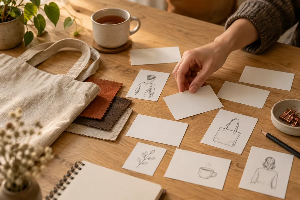 A hand sorts index cards with small sketches of a tote bag, a cup and a person on a wooden table.