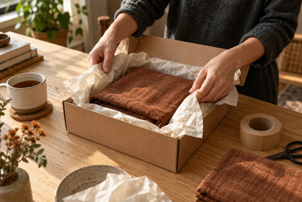 Hands pack a folded linen item into a plain kraft mailer box with tissue paper and paper tape.