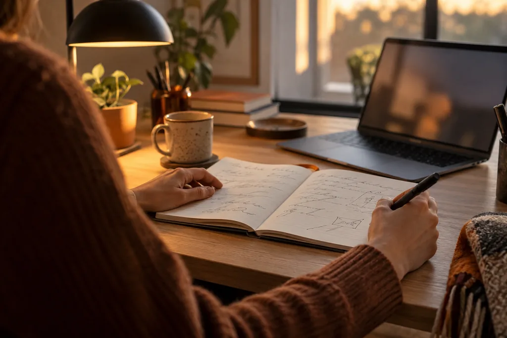 A person at a desk in the evening reviews handwritten notes, with a lamp and a laptop out of focus.