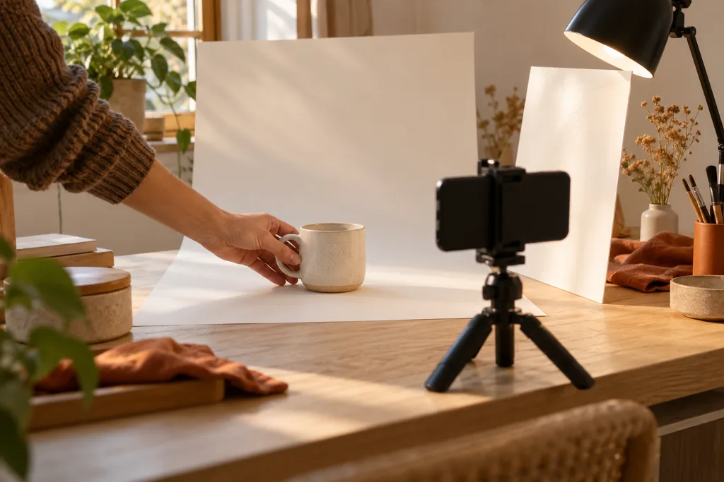 A plain ceramic cup on a paper backdrop being photographed with a phone on a small tripod.