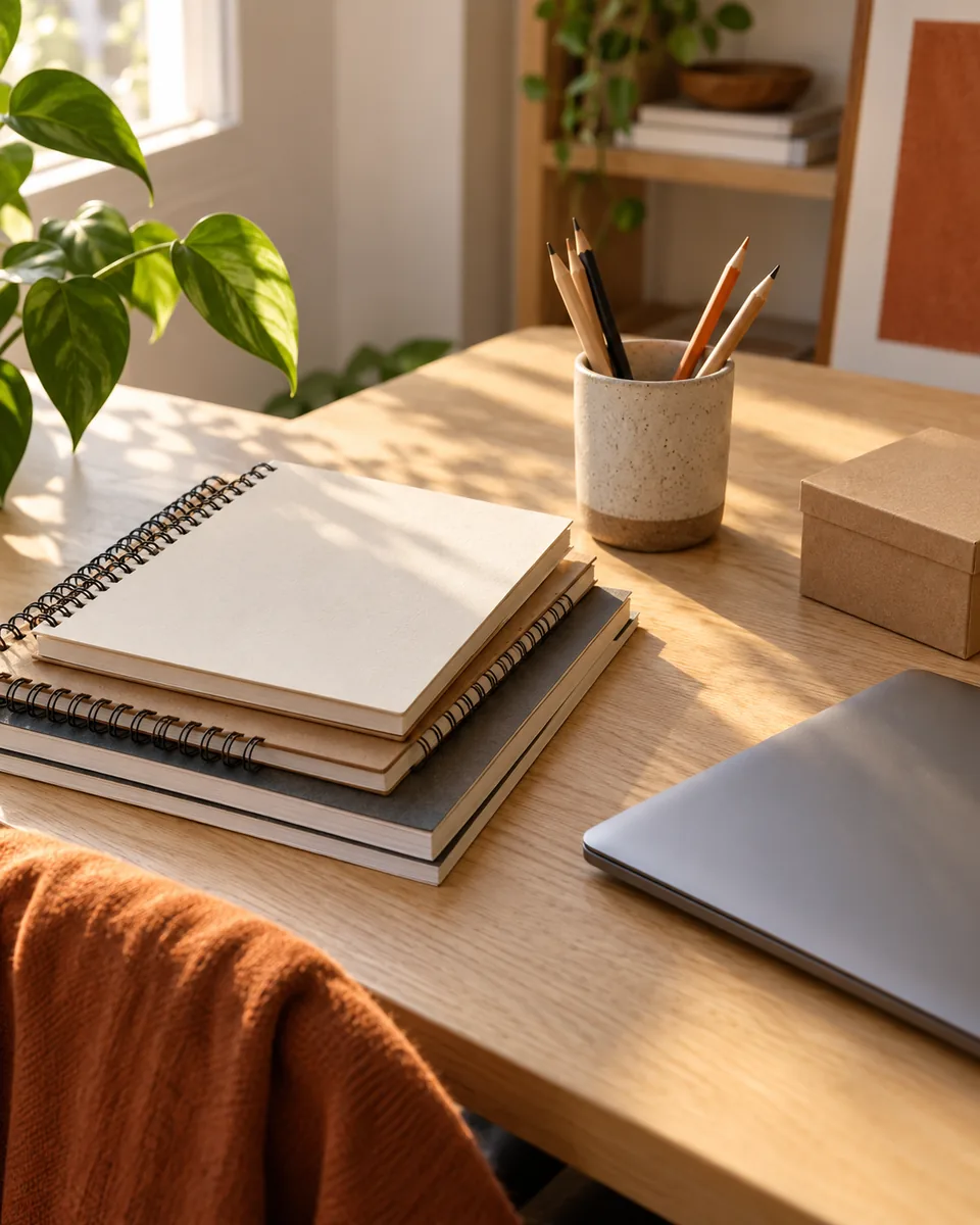 Plain workbooks, pencils, a small box and a closed laptop on a wooden table in morning light.